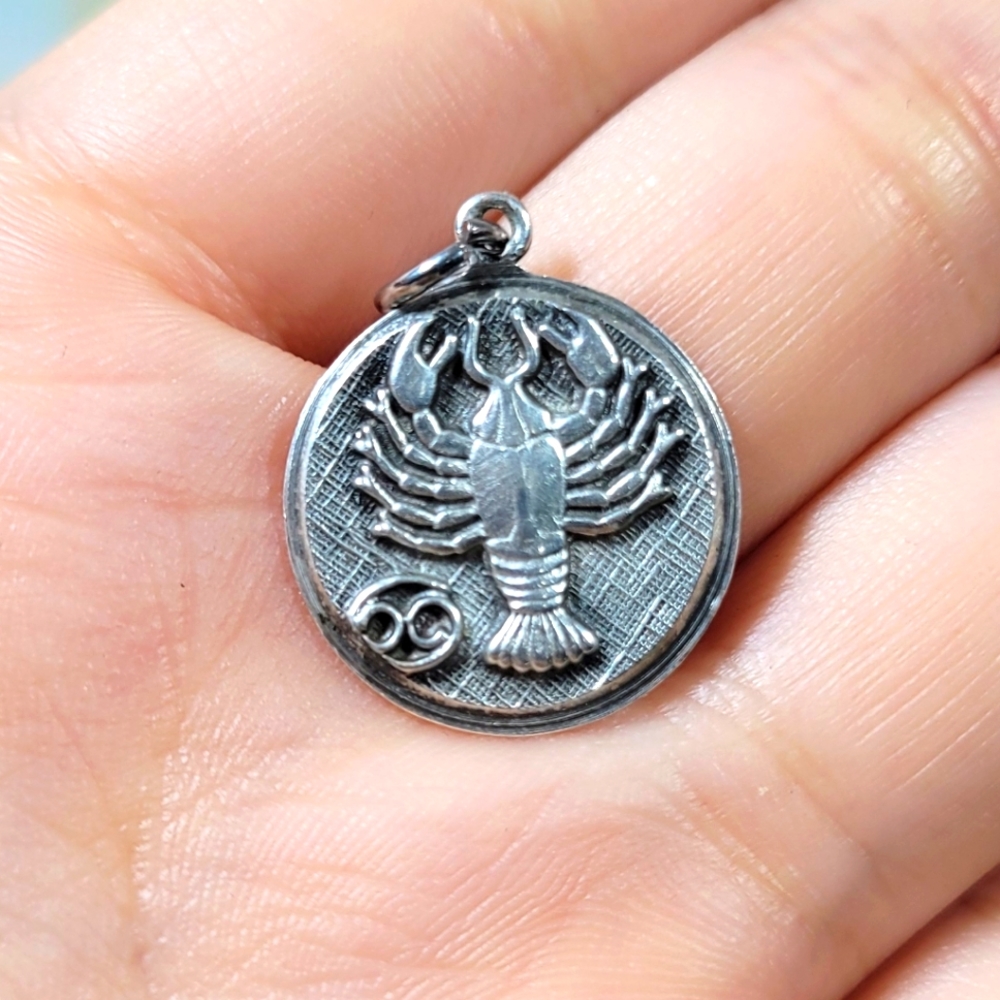 Vintage CANCER sterling silver astrology sign horoscope pendant necklace charm